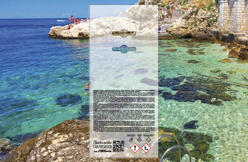 Plantilla de packaging personalizado para ambientador de coche, fragancia:﻿Mar verde bienestar