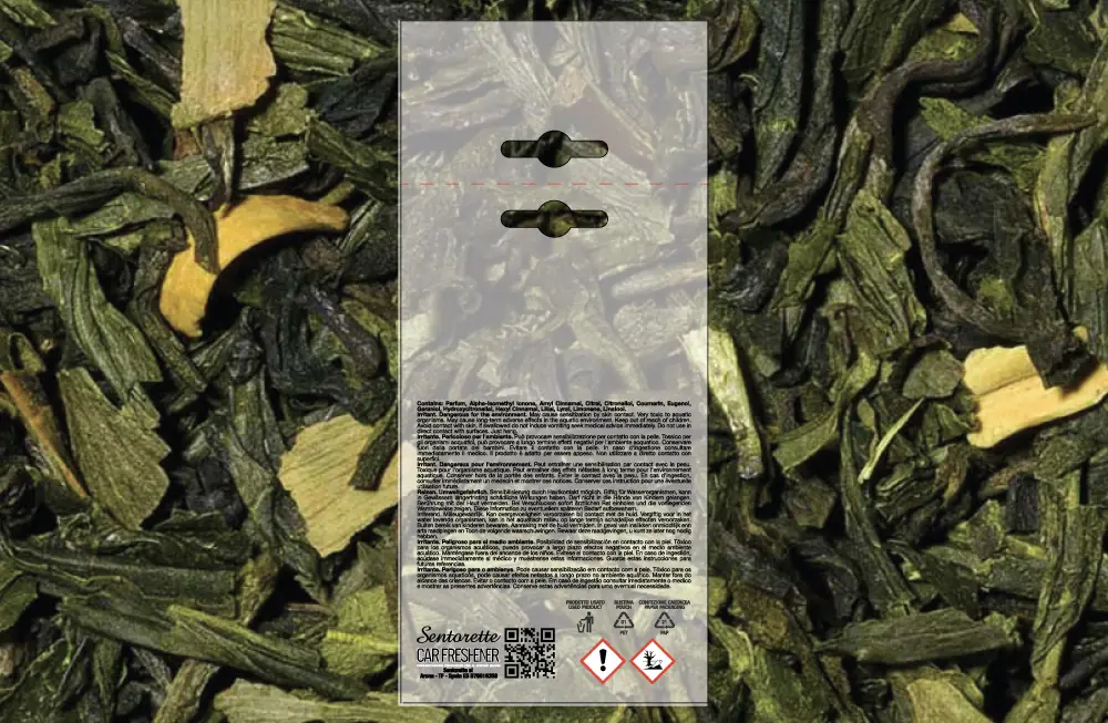Plantilla de packaging personalizado para ambientador de coche, fragancia:﻿Té verde bienestar