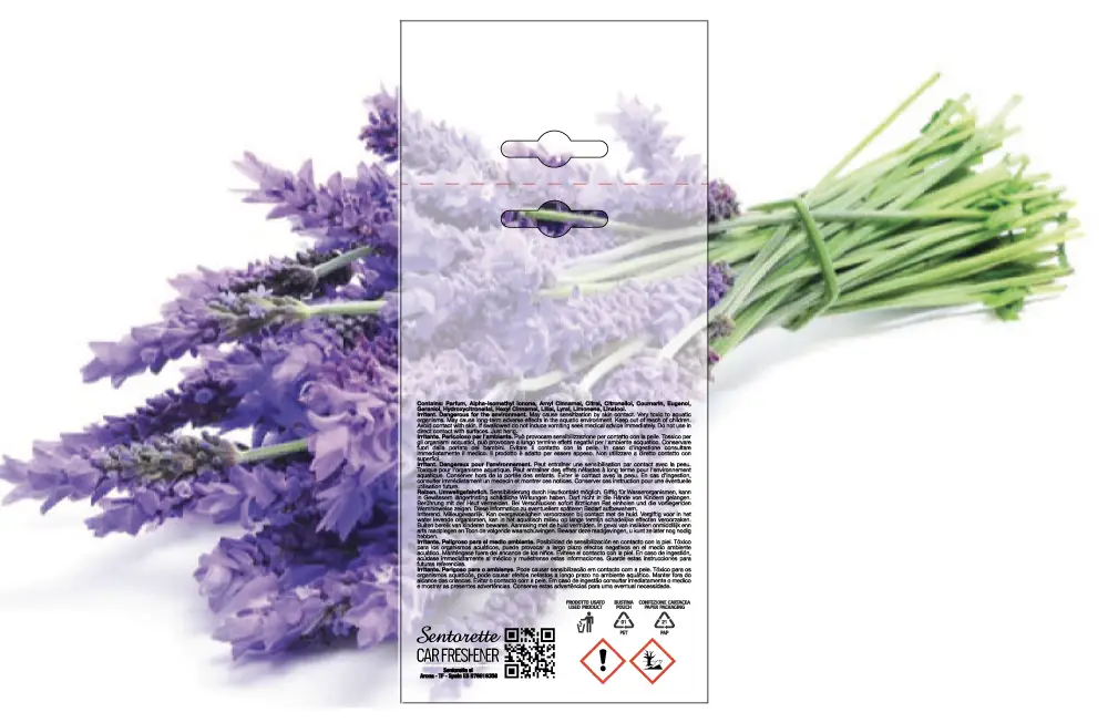 Plantilla de packaging personalizado para ambientador de coche, fragancia:﻿Lavanda
