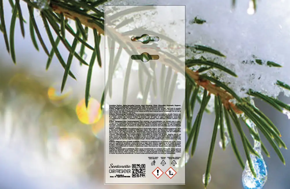 Plantilla de packaging personalizado para ambientador de coche, fragancia:﻿Árbol de invierno bienestar